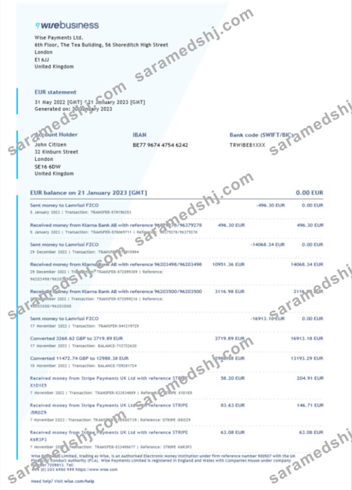 United Kingdom Wise Business bank statement Word and PDF template